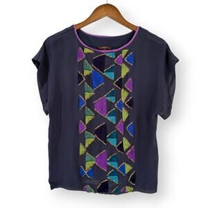 Ranna Gill Anthropologie Gray Beaded Embroidered Geometric Print Blouse Size S